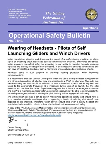 2013 - OSB 01/13 Wearing of Headsets: Pilots of Self Launching Gliders and Winch Drivers